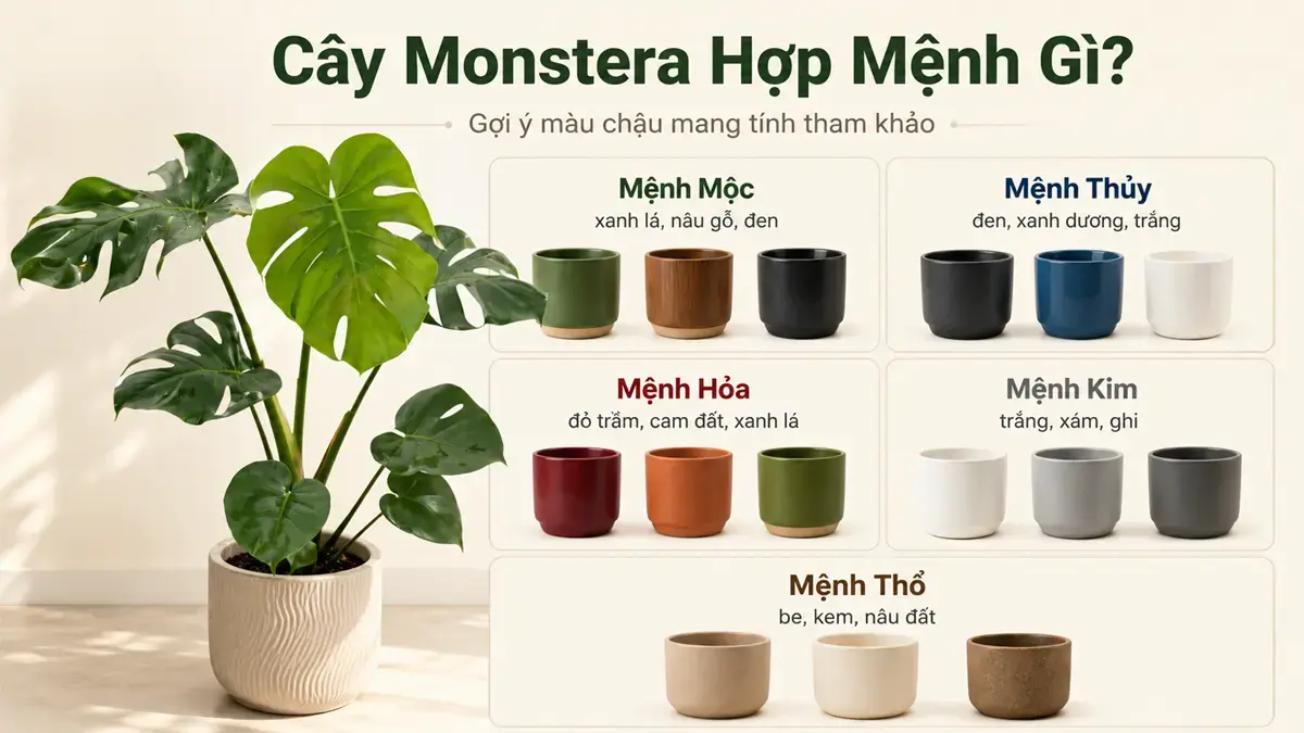 Infographic cây Monstera hợp mệnh gì và màu chậu phù hợp cho năm mệnh Infographic trình bày cây Monstera hợp mệnh gì và các màu chậu gợi ý cho từng mệnh, gồm Mộc, Thủy, Hỏa, Kim và Thổ, giúp người đọc dễ lựa chọn cây theo phong thủy và thẩm mỹ nội thất.