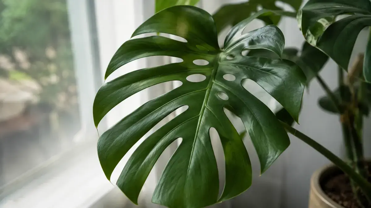 Lá Monstera trưởng thành có đường xẻ sâu và lỗ tự nhiên trên phiến lá Ảnh cận cảnh lá Monstera Deliciosa trưởng thành, thể hiện rõ gân lá, đường xẻ và lỗ tự nhiên trên phiến lá, phù hợp để minh họa đặc điểm nhận diện cây trầu bà lá xẻ.