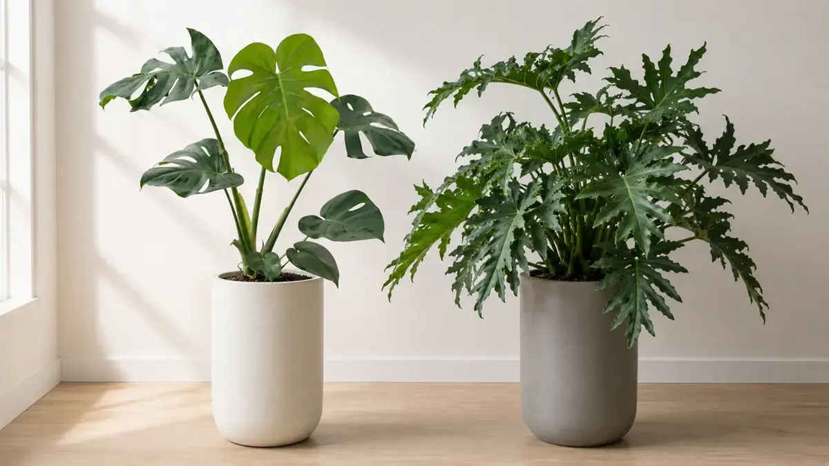 So sánh cây Monstera Deliciosa và cây trầu bà thanh xuân trong cùng khung hình Hình ảnh so sánh hai loại cây thường dễ bị nhầm lẫn là Monstera Deliciosa và trầu bà thanh xuân, giúp người xem nhận diện đúng đặc điểm lá, dáng cây và cách sinh trưởng.