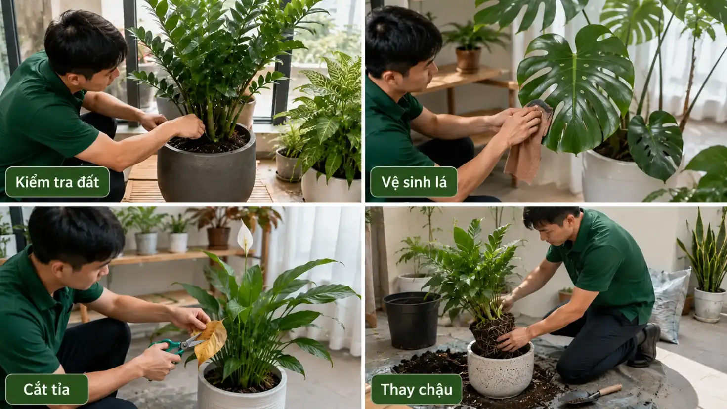 Hình ảnh minh họa kiểm tra đất, vệ sinh lá, cắt tỉa và thay chậu.