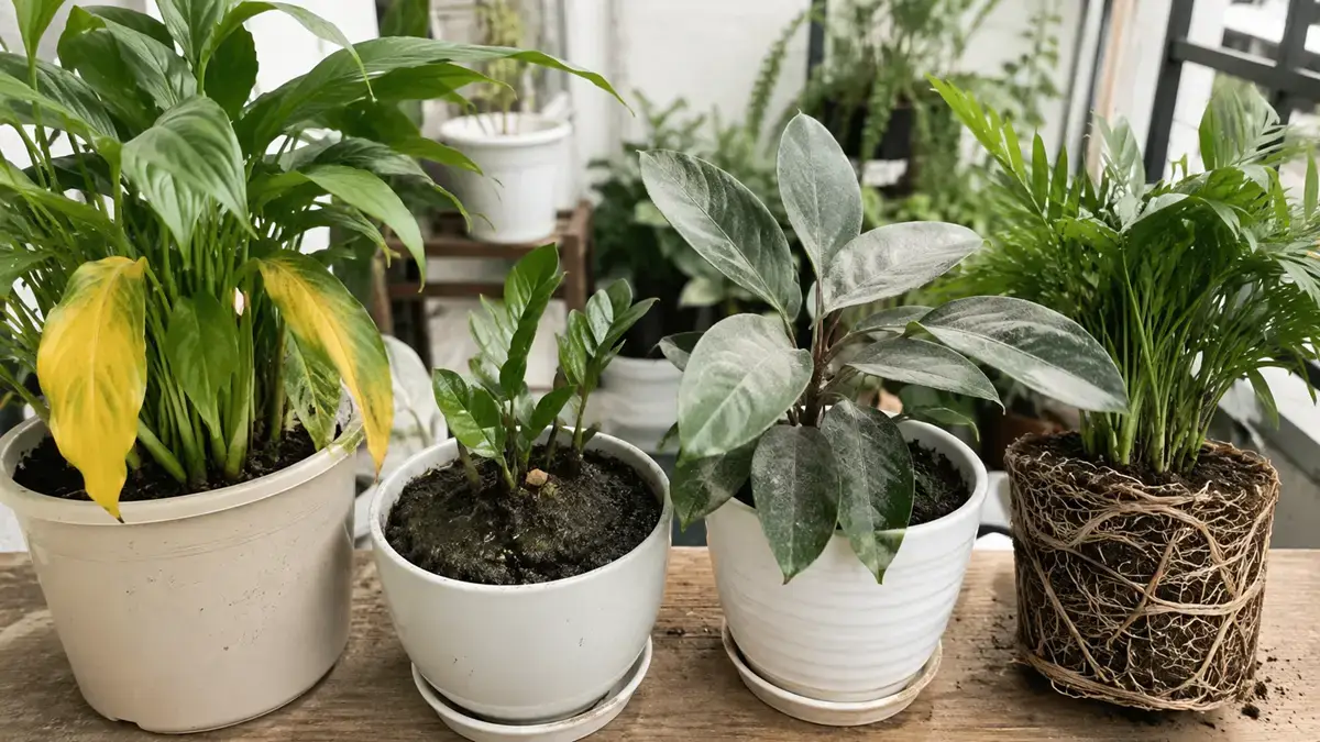Cây vàng lá, đất bí, lá bám bụi và rễ kín chậu.