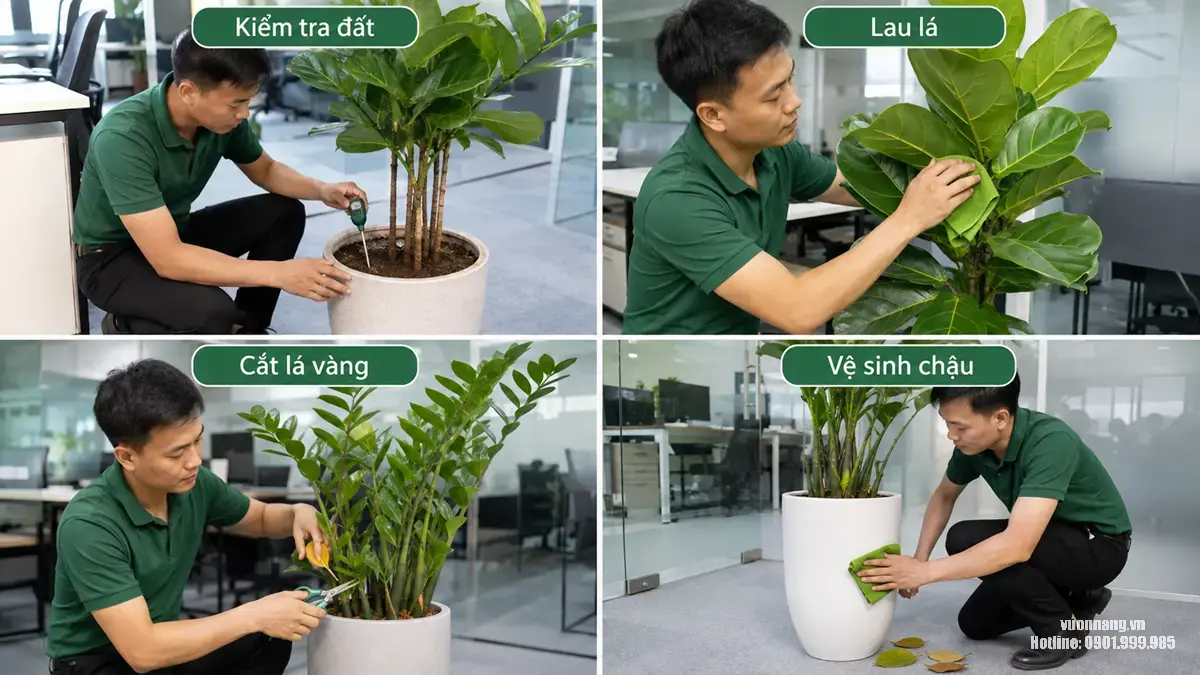 Infographic 4 khung minh họa các công việc chăm sóc cây văn phòng định kỳ gồm kiểm tra đất, lau lá, cắt lá vàng và vệ sinh chậu.