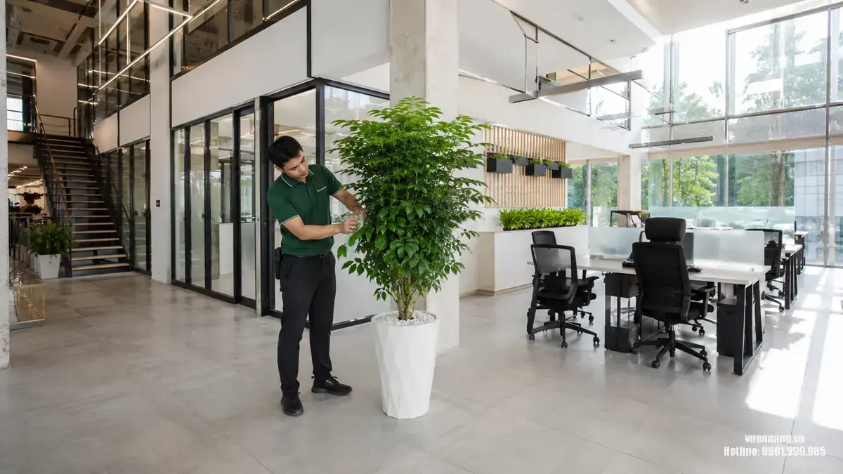 Hình ảnh nhân viên chăm sóc cây hạnh phúc trong văn phòng cao trần, phù hợp minh họa cho hạng mục vệ sinh, cắt tỉa và duy trì cây cỡ vừa.