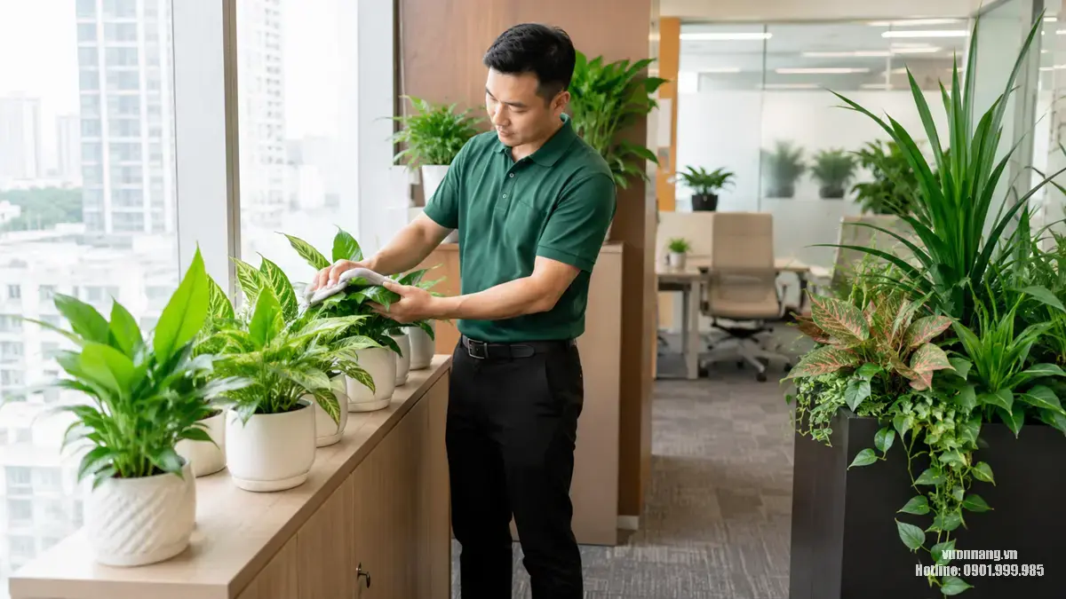 Hình ảnh minh họa dịch vụ chăm sóc cây văn phòng tại TP.HCM, nhân viên đang lau lá và kiểm tra cây trong không gian văn phòng hiện đại.