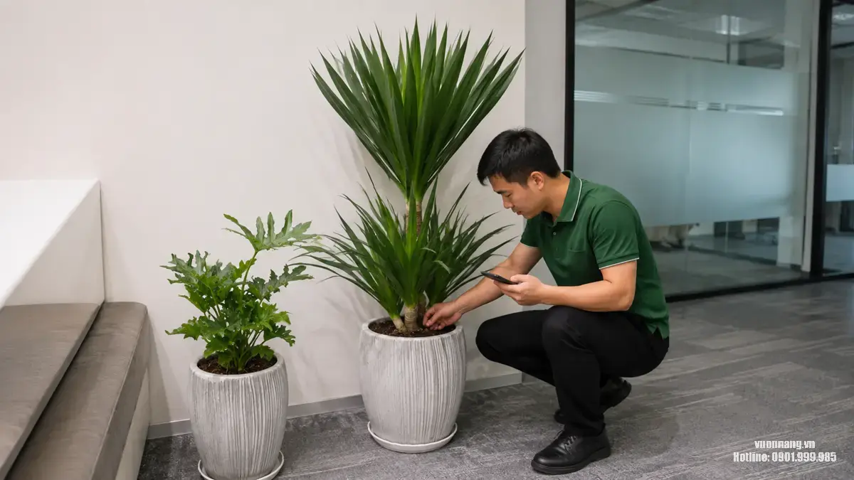 Hình ảnh nhân viên kiểm tra độ ẩm đất, quan sát gốc cây và ghi nhận tình trạng cây văn phòng trước khi chăm sóc định kỳ.