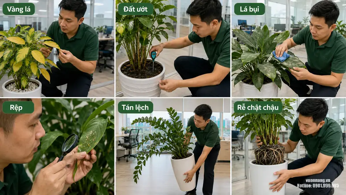 Infographic 6 khung minh họa các vấn đề phổ biến khi chăm sóc cây xanh văn phòng, giúp doanh nghiệp nhận biết tình trạng cây cần xử lý