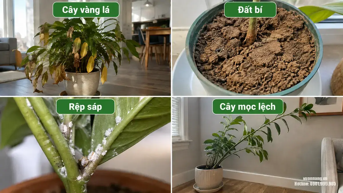 Bốn tình trạng cây cảnh tại nhà cần chăm sóc gồm vàng lá đất bí rệp sáp và cây mọc lệch Ảnh collage minh họa bốn tình trạng thường gặp ở cây cảnh tại nhà gồm cây vàng lá, đất bí, rệp sáp và cây mọc lệch do điều kiện chăm sóc chưa phù hợp.