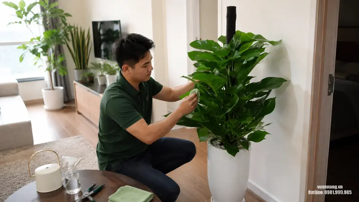 Nhân viên Vườn Nắng chăm sóc cây tại nhà trong căn hộ ở TP.HCM Hình ảnh kỹ thuật viên Vườn Nắng đang lau lá và kiểm tra cây trồng chậu trong căn hộ sáng, sạch, phù hợp minh họa dịch vụ chăm sóc cây tại nhà ở TP.HCM.