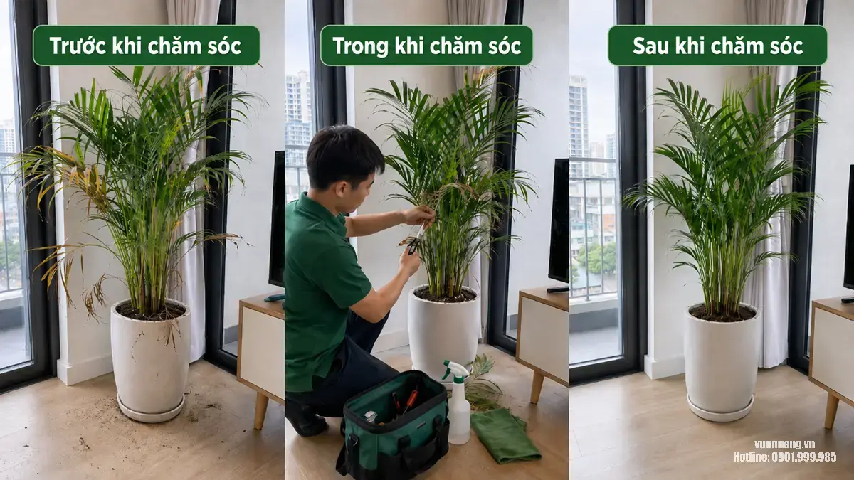 Trước trong sau khi chăm sóc cây tại căn hộ với cây được cắt tỉa và vệ sinh gọn gàng Ảnh so sánh quá trình chăm sóc cây tại căn hộ từ tình trạng ban đầu, trong lúc kỹ thuật viên cắt tỉa đến khi cây được vệ sinh và hoàn thiện.