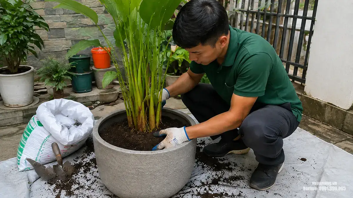 Hình ảnh minh họa nhân viên bổ sung giá thể và cố định cây trong chậu.