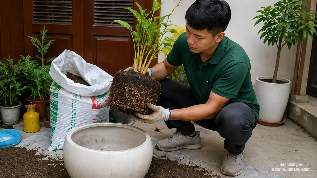 Hình ảnh minh họa nhân viên kiểm tra bầu rễ, lòng chậu và lỗ thoát nước trước khi trồng.