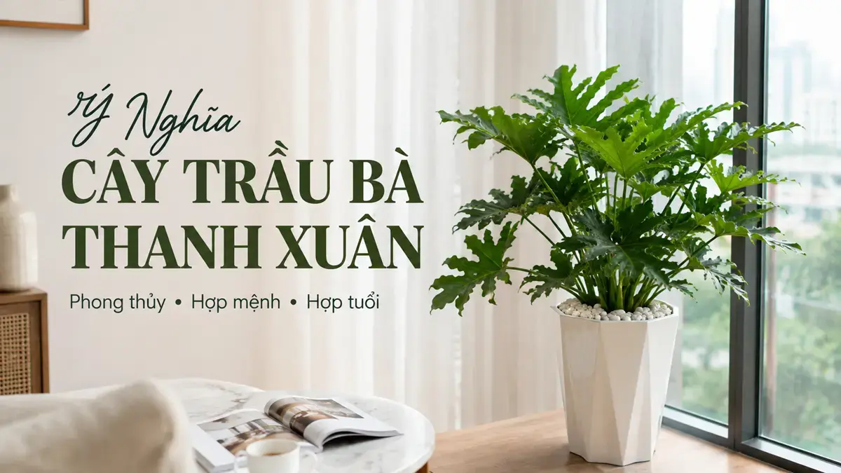 Ảnh đại diện bài viết về ý nghĩa cây trầu bà thanh xuân, phong thủy, cây hợp mệnh gì và hợp tuổi nào, phù hợp làm ảnh hero cho bài blog.