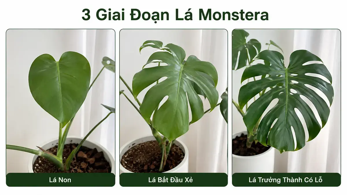 Ba giai đoạn lá Monstera gồm lá non lá bắt đầu xẻ và lá trưởng thành có lỗ Ảnh minh họa ba giai đoạn phát triển của lá Monstera, từ lá non chưa có lỗ đến lá bắt đầu xẻ và lá trưởng thành có lỗ rõ.