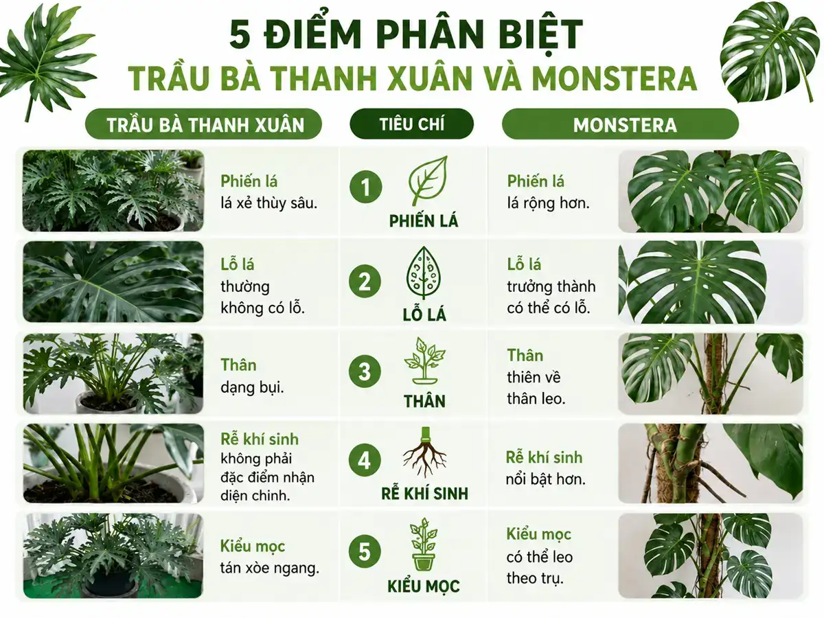 5 điểm phân biệt Trầu Bà Thanh Xuân và Monstera qua phiến lá lỗ lá thân rễ và kiểu mọc Infographic tóm tắt 5 điểm khác nhau giữa Trầu Bà Thanh Xuân và Monstera gồm phiến lá, lỗ lá, thân, rễ khí sinh và kiểu mọc.