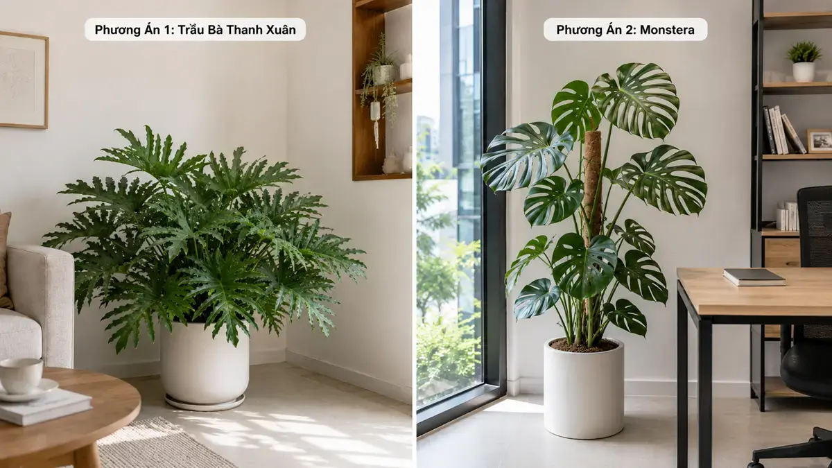 Bố trí Trầu Bà Thanh Xuân ở góc phòng và Monstera có trụ gần cửa kính Ảnh minh họa hai phương án bố trí cây trong nhà và văn phòng: Trầu Bà Thanh Xuân đặt góc phòng, Monstera có trụ đặt gần cửa kính.