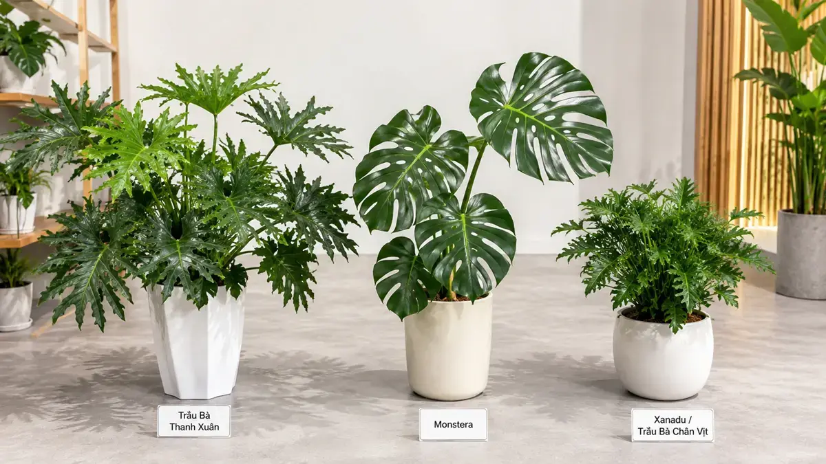 So sánh Trầu Bà Thanh Xuân Monstera và Xanadu Trầu Bà Chân Vịt dạng bụi Ảnh đặt cạnh nhau ba cây Trầu Bà Thanh Xuân, Monstera và Xanadu/Trầu Bà Chân Vịt để người xem dễ nhận biết khác biệt về tán, lá và kích thước.