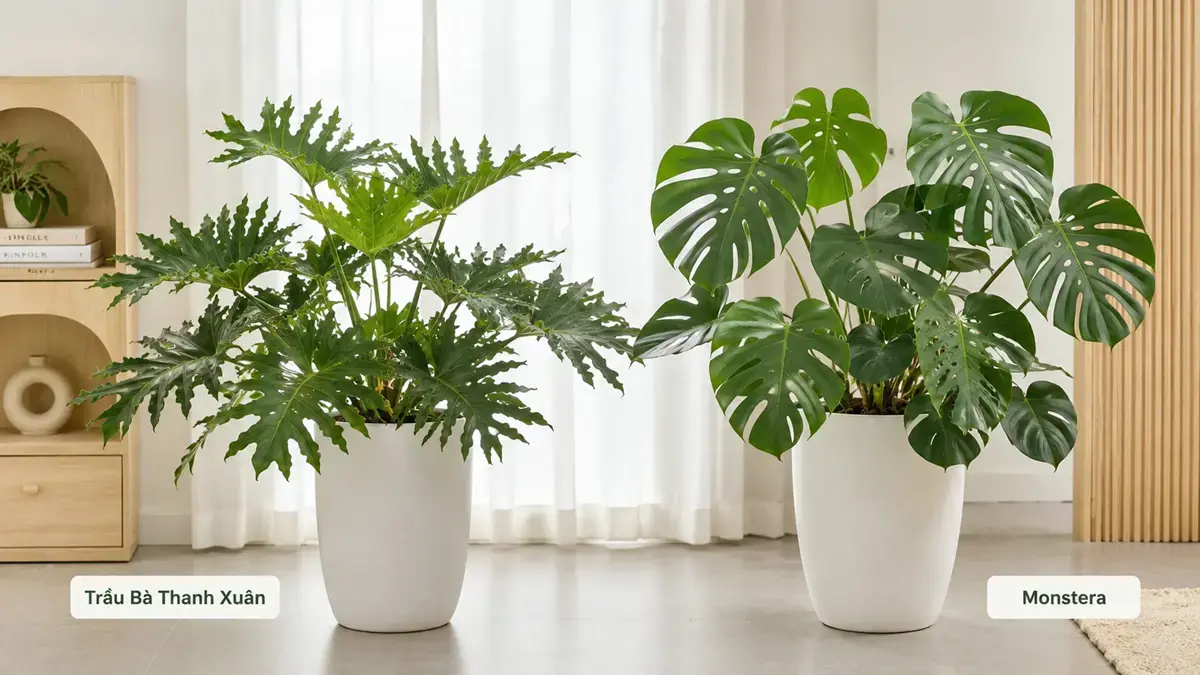 So sánh Trầu Bà Thanh Xuân và Monstera trong không gian nội thất sáng Ảnh minh họa Trầu Bà Thanh Xuân và Monstera đặt cạnh nhau trong không gian nội thất sáng, giúp nhận biết nhanh sự khác nhau về dáng lá và tán cây.
