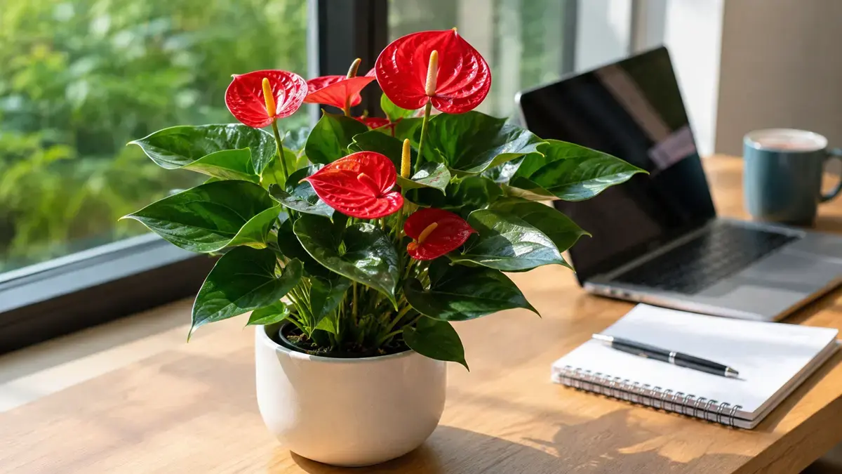 cây hồng môn đỏ hợp mệnh gì đặt trên bàn làm việc Hình ảnh cây Hồng Môn đỏ được bố trí trên bàn làm việc cạnh cửa sổ, có ánh sáng tự nhiên. Cây có màu hoa đỏ nổi bật, lá xanh bóng và kích thước phù hợp với bàn làm việc, văn phòng hoặc không gian nội thất.