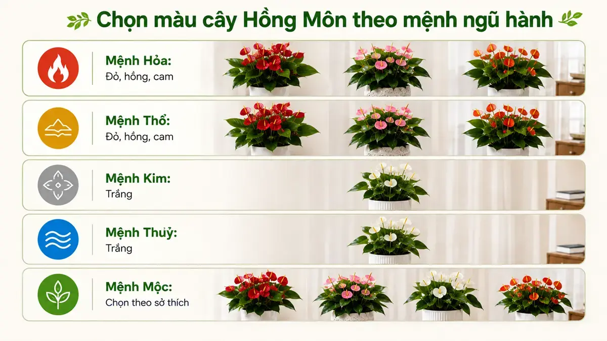 chọn màu cây hồng môn theo mệnh ngũ hành Infographic tổng hợp cách chọn màu cây Hồng Môn theo năm hành Kim, Mộc, Thủy, Hỏa và Thổ. Nội dung giúp người đọc nhanh chóng đối chiếu màu Hồng Môn có thể tham khảo theo quan niệm ngũ hành.