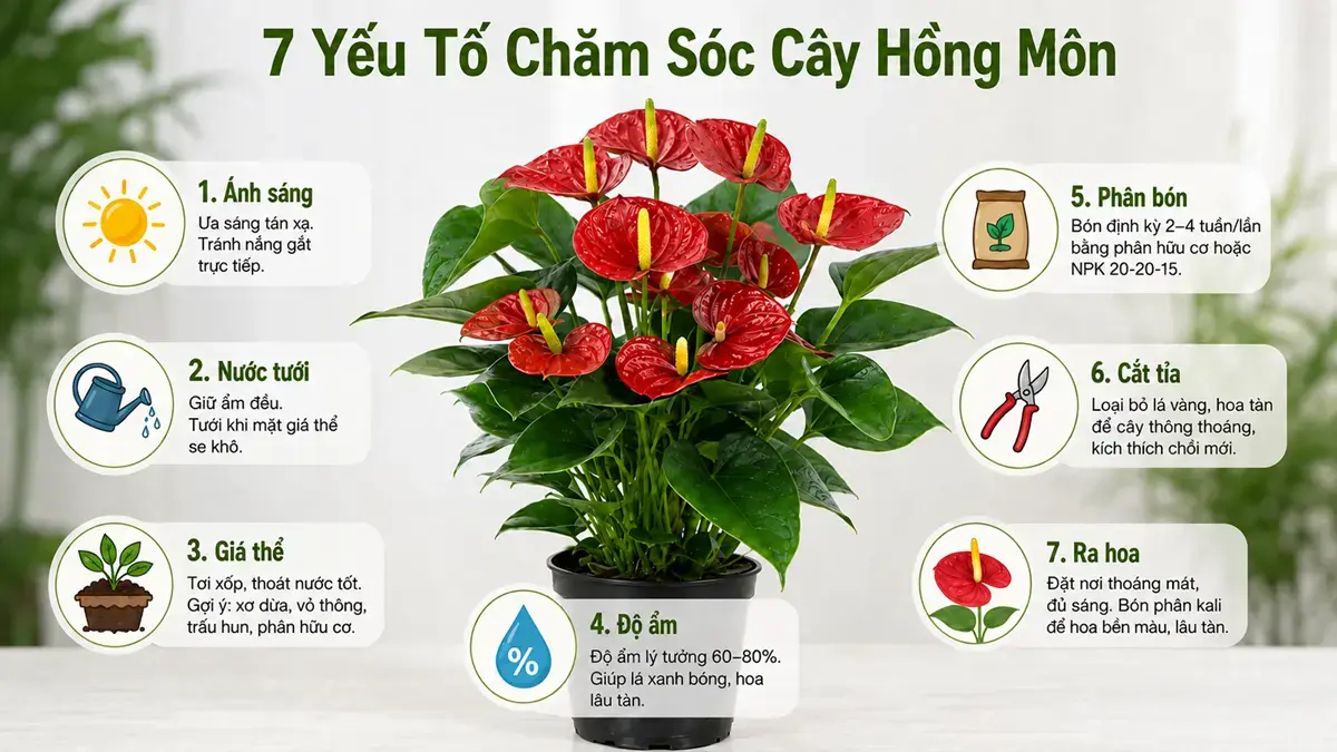 Hình ảnh minh họa các yếu tố nền tảng trong cách chăm sóc cây Hồng Môn đúng cách, giúp người trồng dễ theo dõi điều kiện ánh sáng, nước tưới, giá thể và chế độ chăm cây trong nhà.