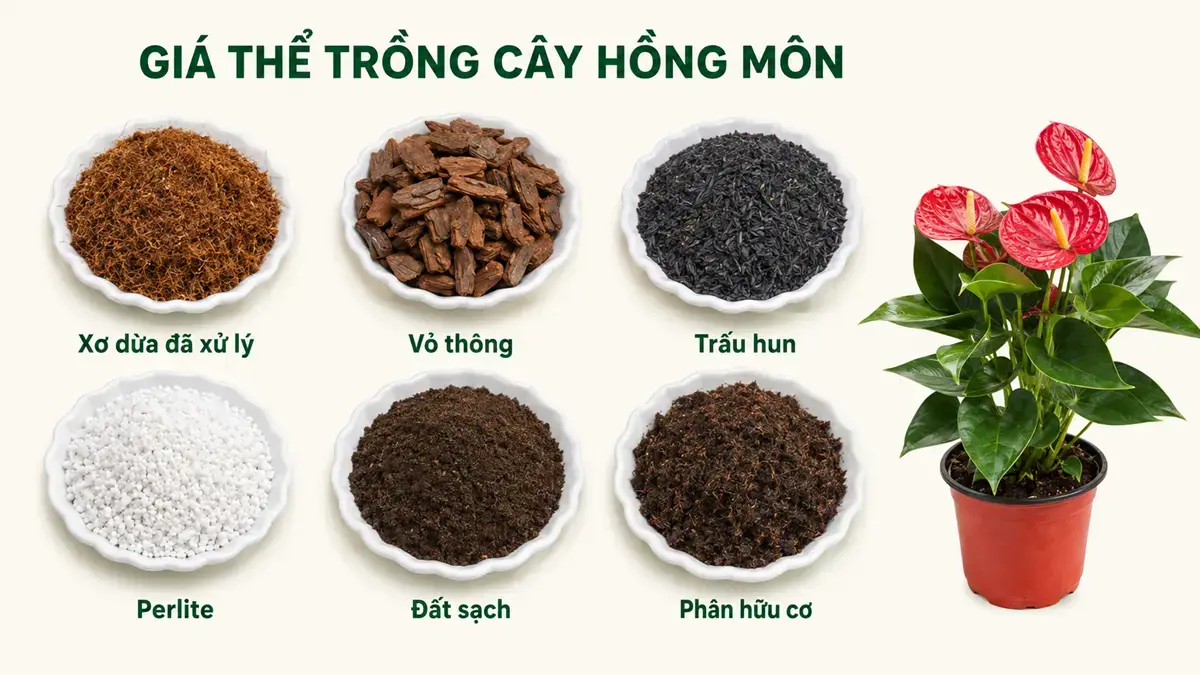 Infographic phân biệt sáu thành phần thường dùng để tạo hỗn hợp giá thể giữ ẩm vừa phải, thông thoáng và hỗ trợ thoát nước cho bộ rễ Hồng Môn.