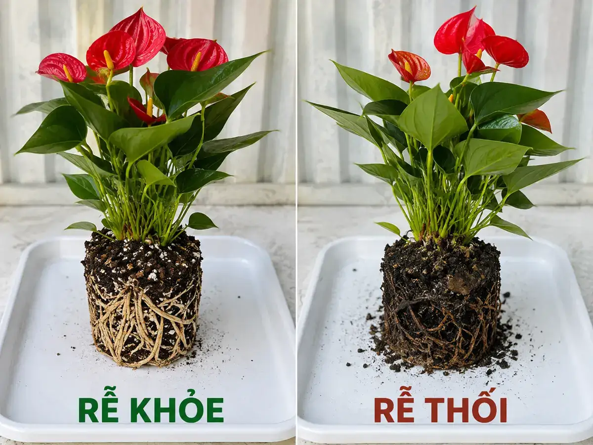 Ảnh so sánh trực quan giữa bộ rễ Hồng Môn khỏe với bộ rễ bị thối, giúp người trồng nhận biết phần rễ cần giữ lại hoặc cắt bỏ trước khi thay chậu.