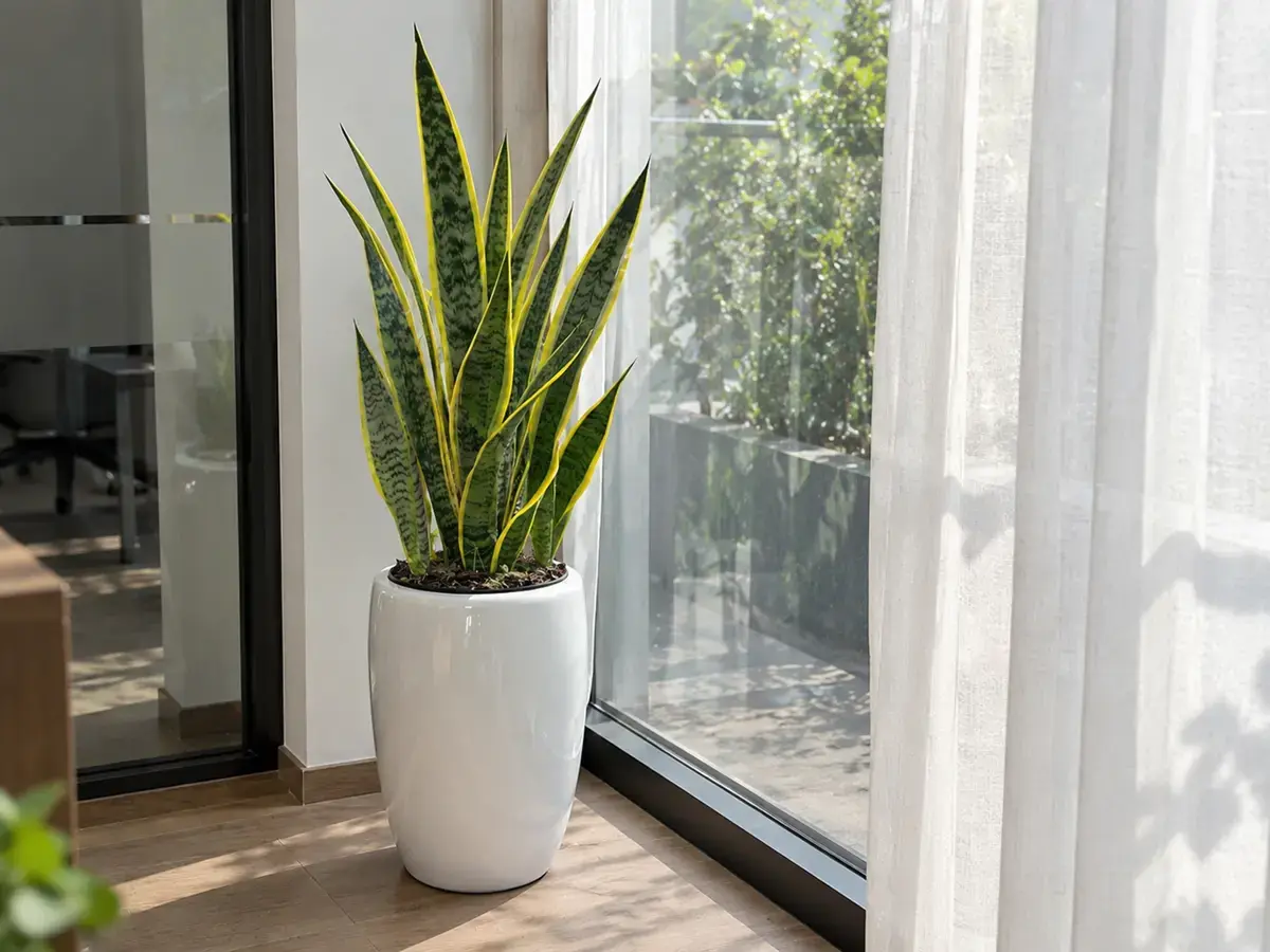Chậu Cây Lưỡi Hổ đặt cạnh cửa kính có rèm sáng Chậu cây Lưỡi Hổ đặt cạnh cửa kính lớn và rèm sáng, phù hợp với nhu cầu ánh sáng gián tiếp của cây khi trồng trong nhà. Nên tránh để cây tiếp xúc lâu với nắng trưa hoặc nắng Tây quá gay gắt.