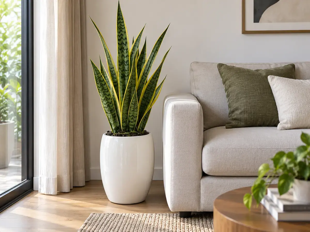 Cây Lưỡi Hổ phối chậu đặt cạnh sofa trong phòng khách Hình ảnh cây Lưỡi Hổ phối chậu trắng đặt cạnh sofa trong phòng khách hiện đại. Kiểu bố trí này vừa tận dụng góc trống, vừa tạo điểm nhấn xanh mà không chiếm quá nhiều diện tích sàn.