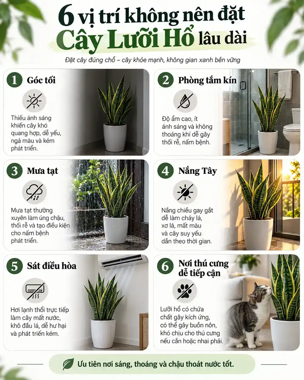 Infographic 6 vị trí không nên đặt Cây Lưỡi Hổ lâu dài Infographic tổng hợp 6 vị trí không nên đặt cây Lưỡi Hổ lâu dài, gồm góc tối thiếu sáng, phòng tắm kín và ẩm, nơi thường xuyên mưa tạt, khu vực chịu nắng Tây gay gắt, sát luồng điều hòa và vị trí chó mèo dễ tiếp cận.