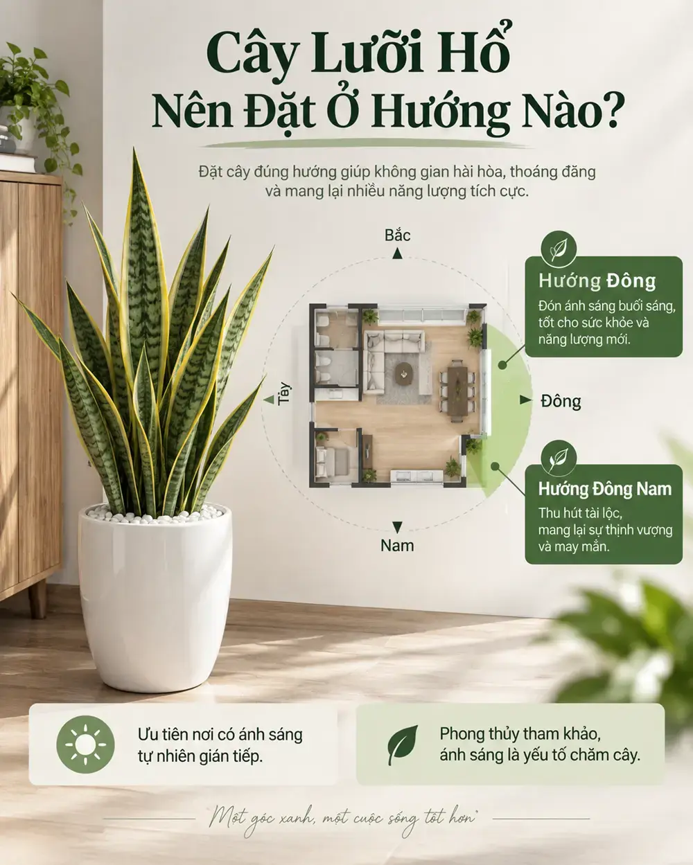Infographic Cây Lưỡi Hổ nên đặt ở hướng Đông hoặc Đông Nam theo phong thủy tham khảo Infographic minh họa hướng Đông và Đông Nam khi bố trí cây Lưỡi Hổ theo quan niệm phong thủy.