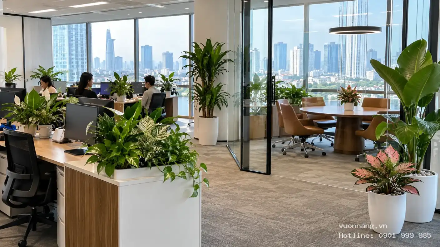 Bố Trí Cây Phong Thủy Cho Văn Phòng Tại TP.HCM Minh họa bố trí cây cảnh tại văn phòng ở TP.HCM